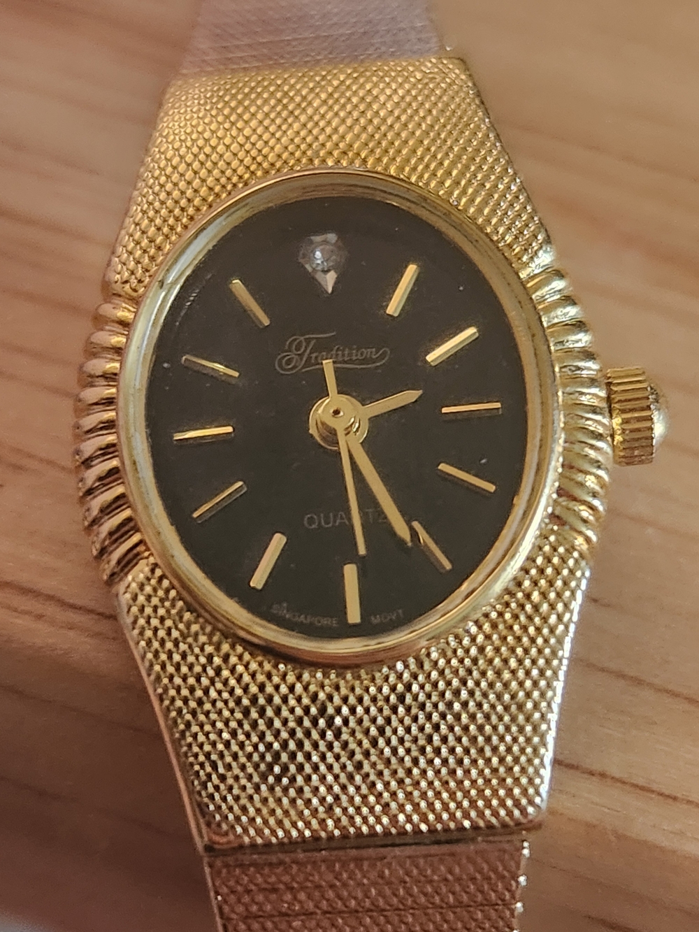 Tradition Gold-Tone Mesh Bracelet Watch with Black Dial